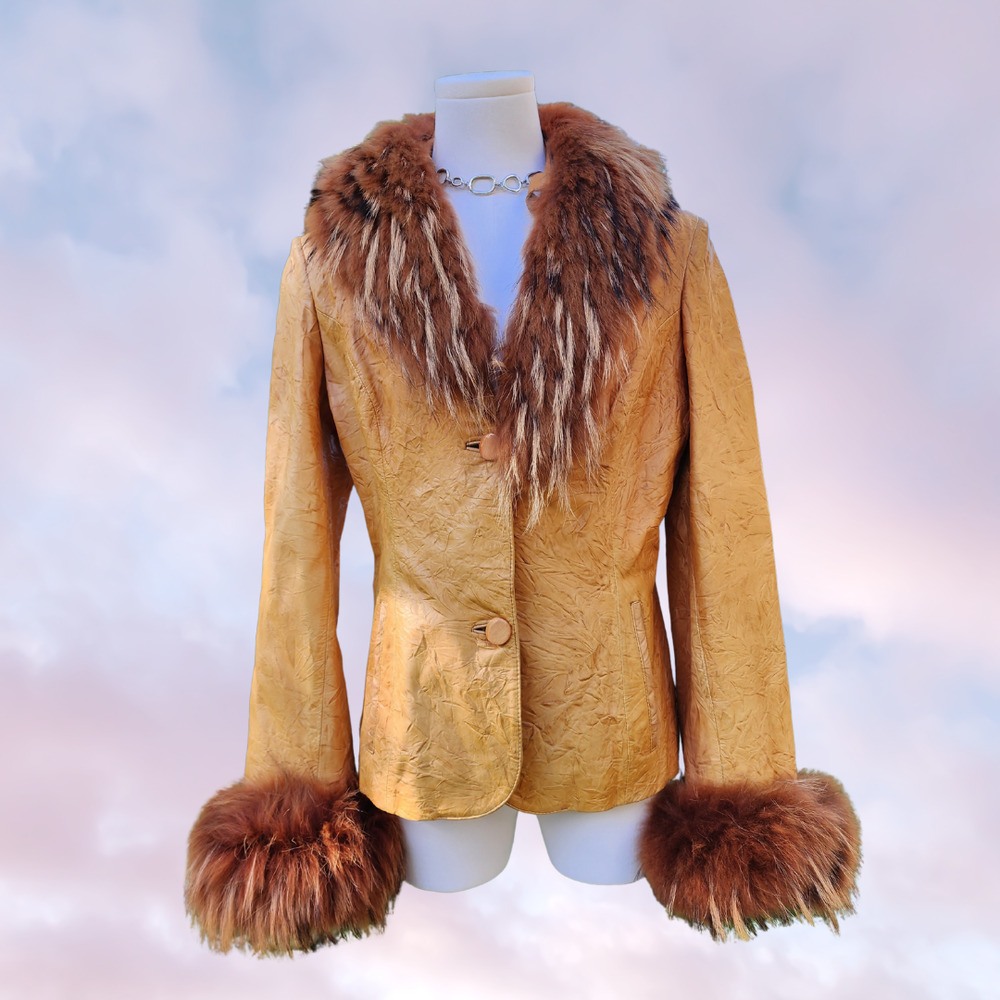 Vtg 90s Commandments Funky Hippie Spikey Fur Trim Leather 70s Style Coat Sz S
